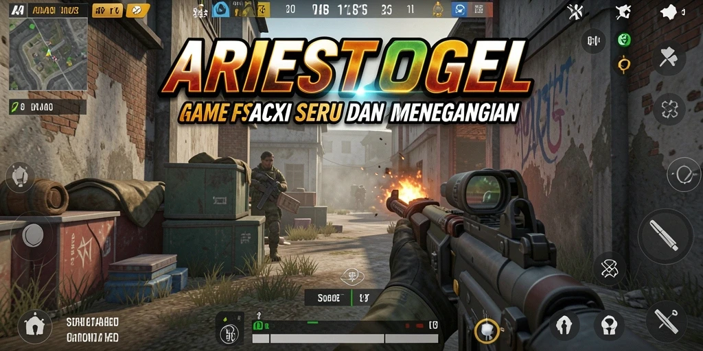 Tangkapan layar gameplay ARIESTOGEL dengan aksi tembak-menembak yang seru.