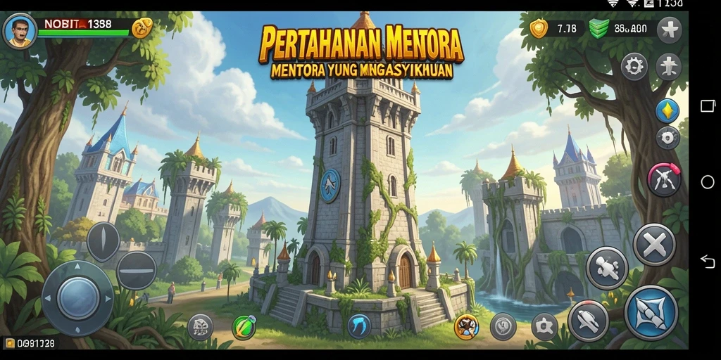 Gameplay Tower Defense yang menegangkan di NOBITA138 dengan berbagai menara dan musuh.