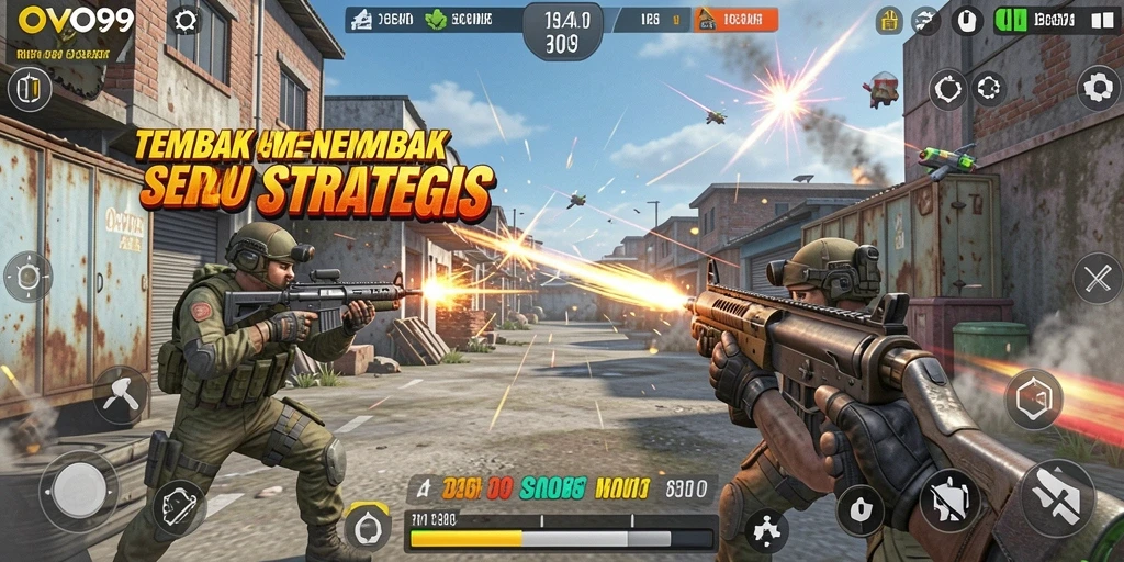 Tampilan gameplay seru dalam OVO99 dengan aksi tembak-menembak.