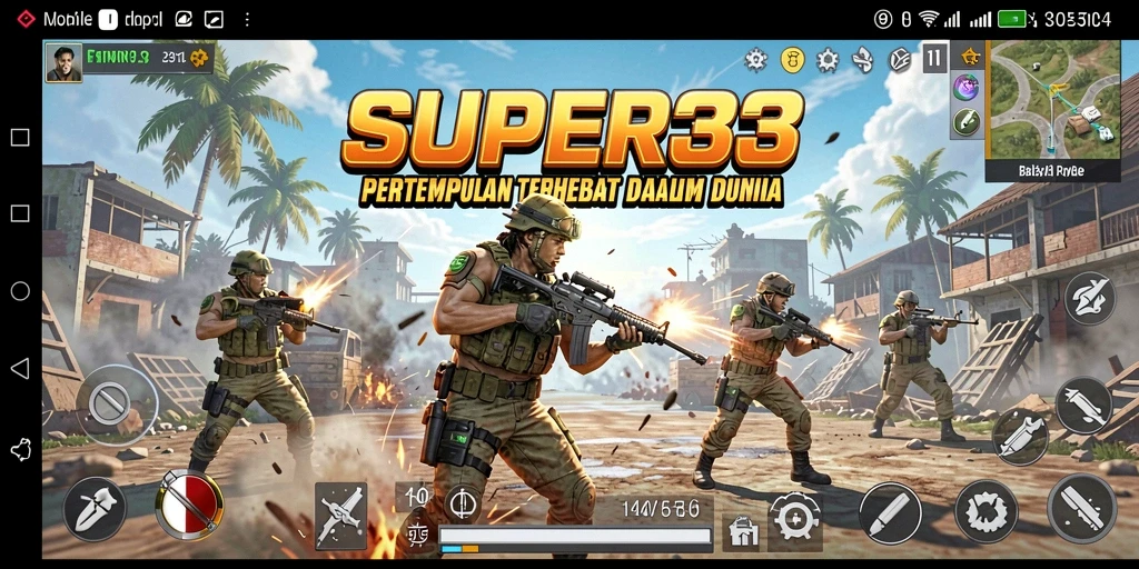 Tangkapan layar gameplay SUPER33 menampilkan aksi Battle Royale yang seru.